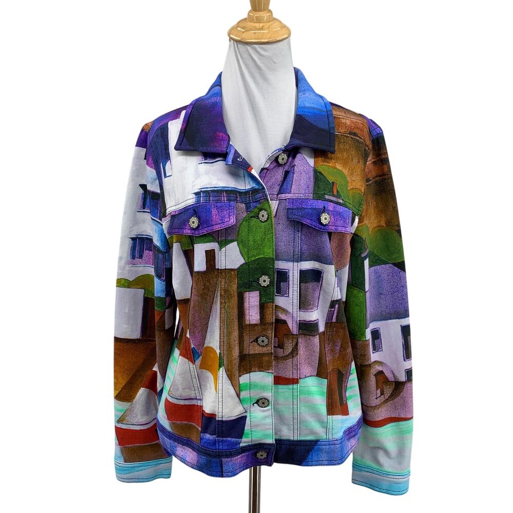 Dolcezza Simply Art Jacket Womens Large Graphic Landscape Flap Pockets Button Up